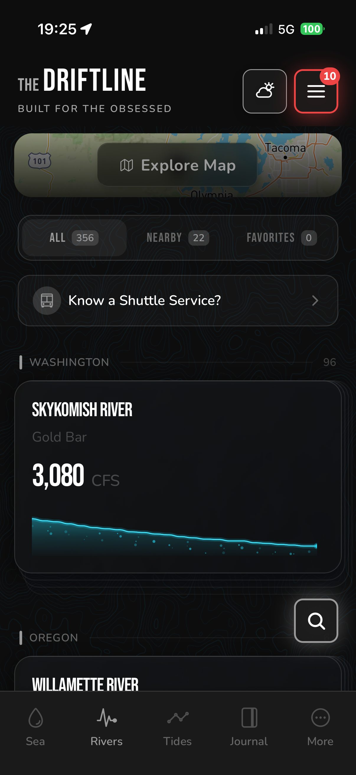 DriftLine app showing real-time river flows