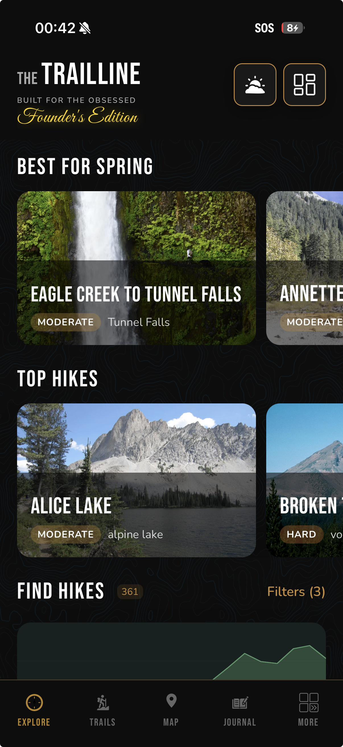 TrailLine app showing daylight planning and water crossings